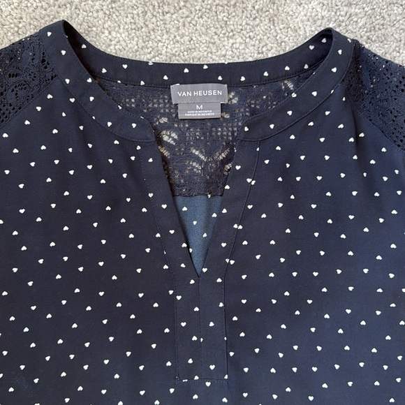 Van Heusen Navy Blue Mandarin Collar V-Neck Blouse with Heart Dots Size M/L - Picture 5 of 8